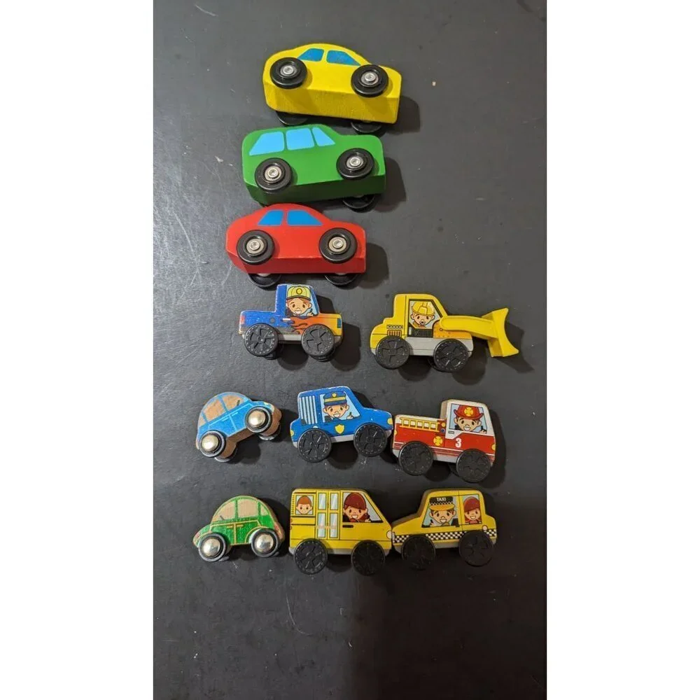 Vintage Wooden Toy Car Set - 9 Colorful Vehicles‎ - Kids Playtime Fun!